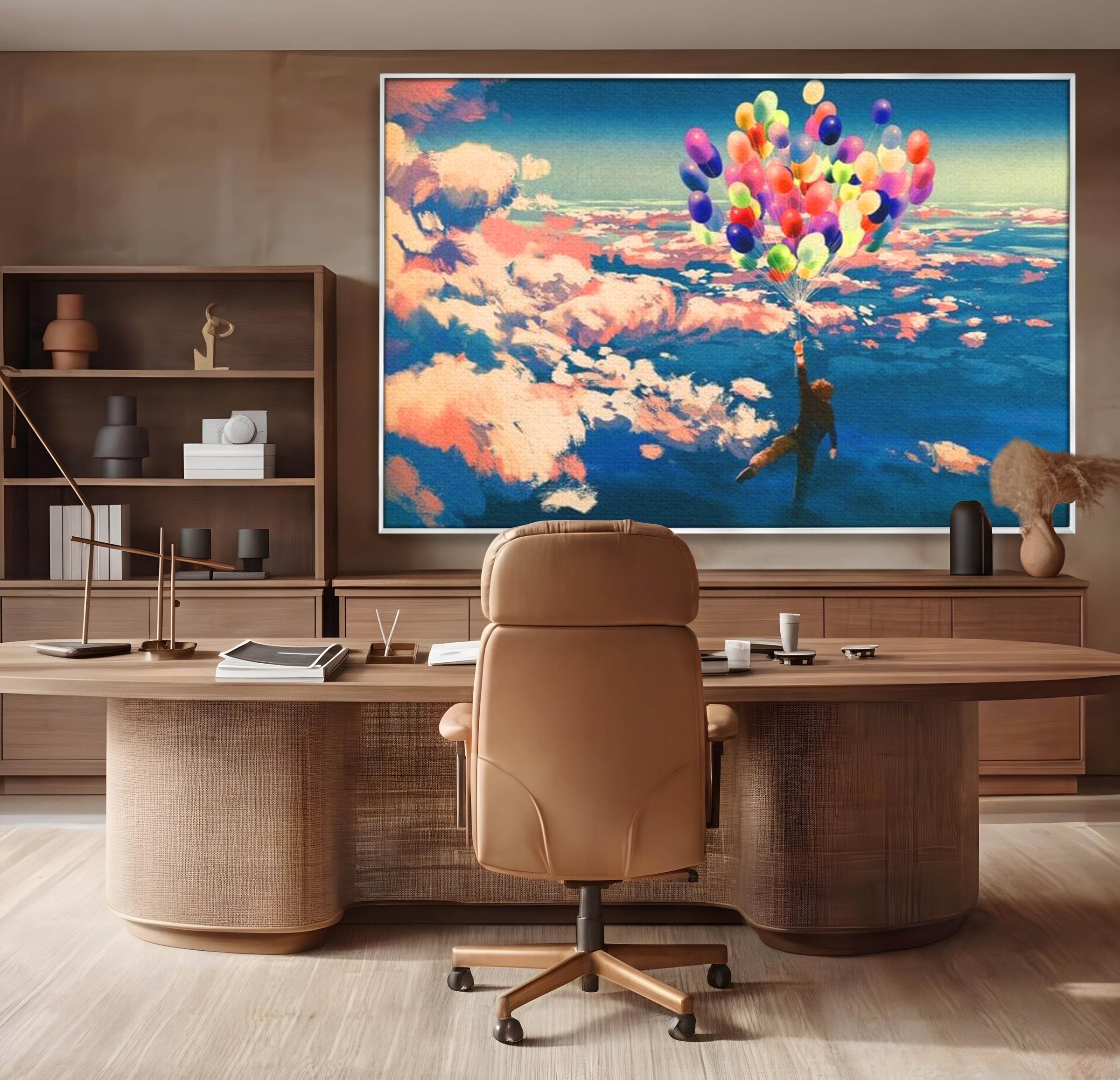 Tablou canvas cu tablou canvas cu om zburand cu baloane, in rama de aluminiu argintiu, pe perete intr-un birou